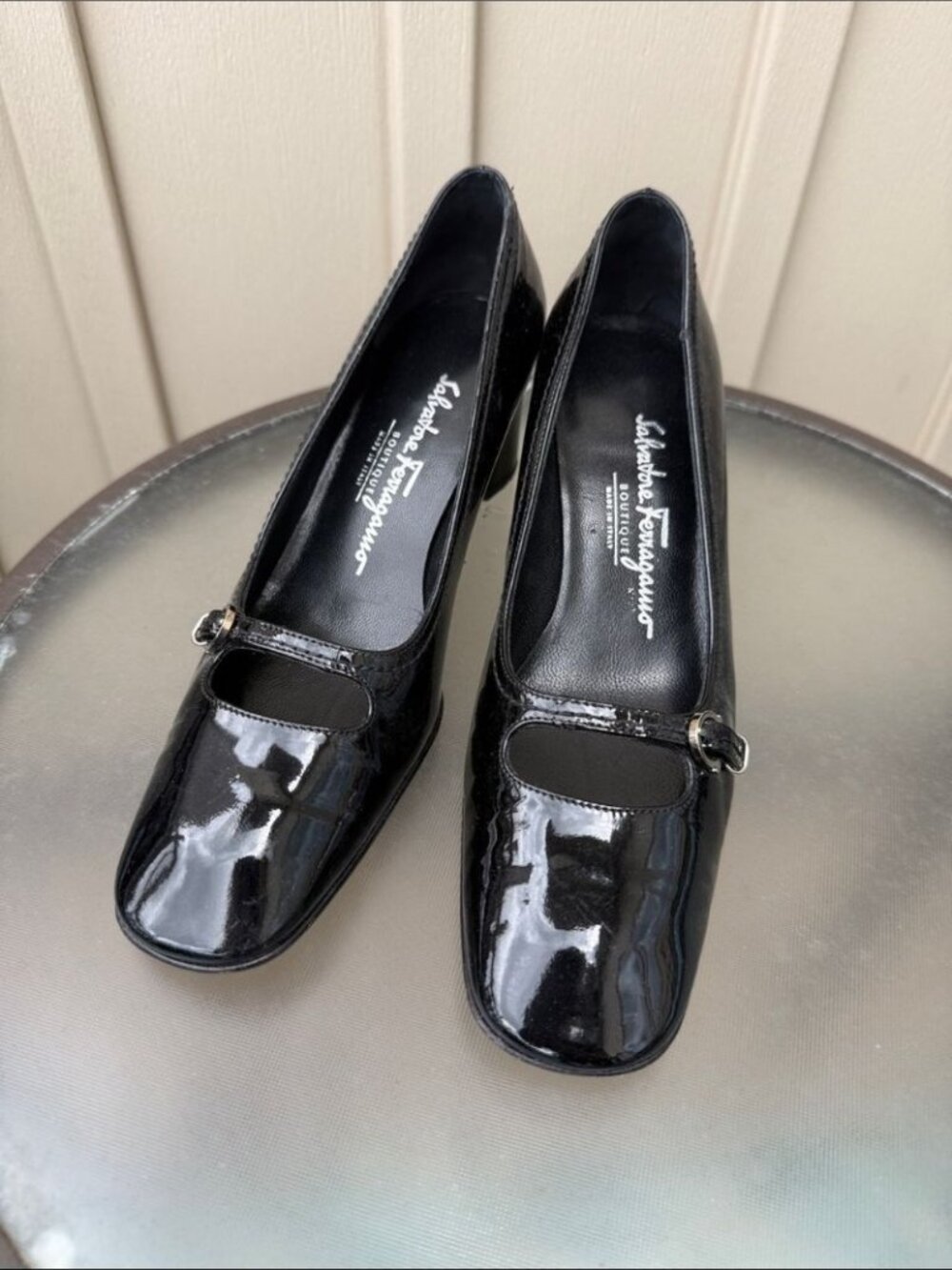Salvatore Ferragamo Vtg Black Patent Leather Mary-Jane Pumps with Buckle